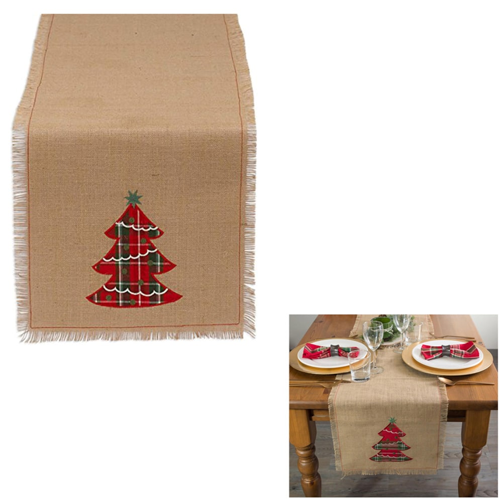 Red Christmas Tree Embroidered Jute Table Runner