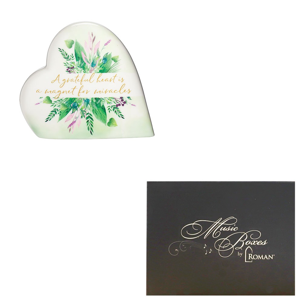 Roman Ceramic Faith Musical Heart Wind Up, Waltz Of The Flowers, 4"x3.5"H