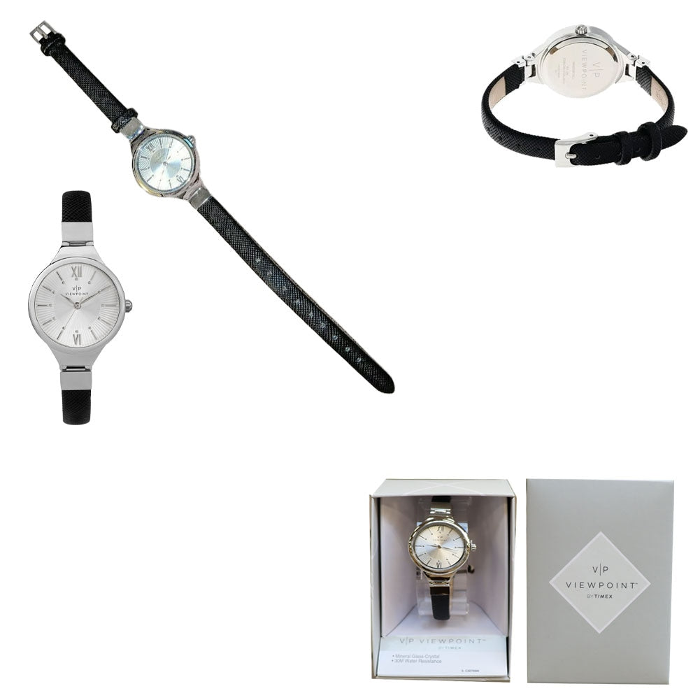 Silver Tone Ladies Watch w/Black Synthetic Strap