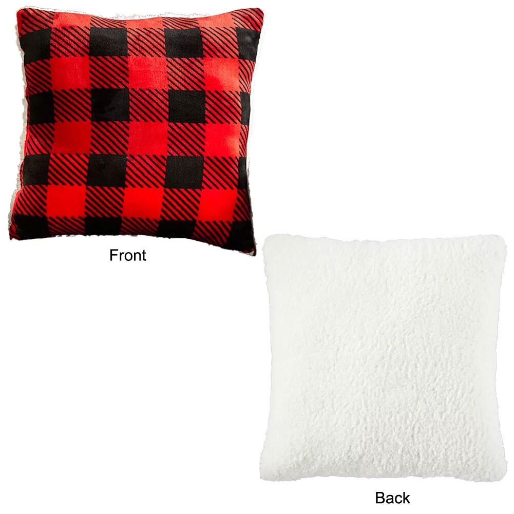 Buffalo Check Pillow Black/Red, Sherpa Back Polyester 16"x16"x5"H, Polyester Fill