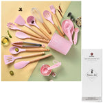34 Piece Kitchen Utensil Set Silicone w/Wooden Handles Pink