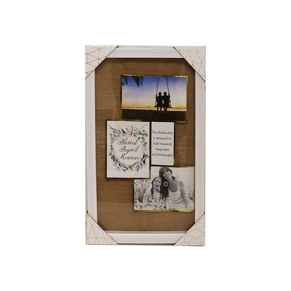Shadowbox Frame White MDF, Glass, Burlap, Overall Size 10"x16"x1.15"H