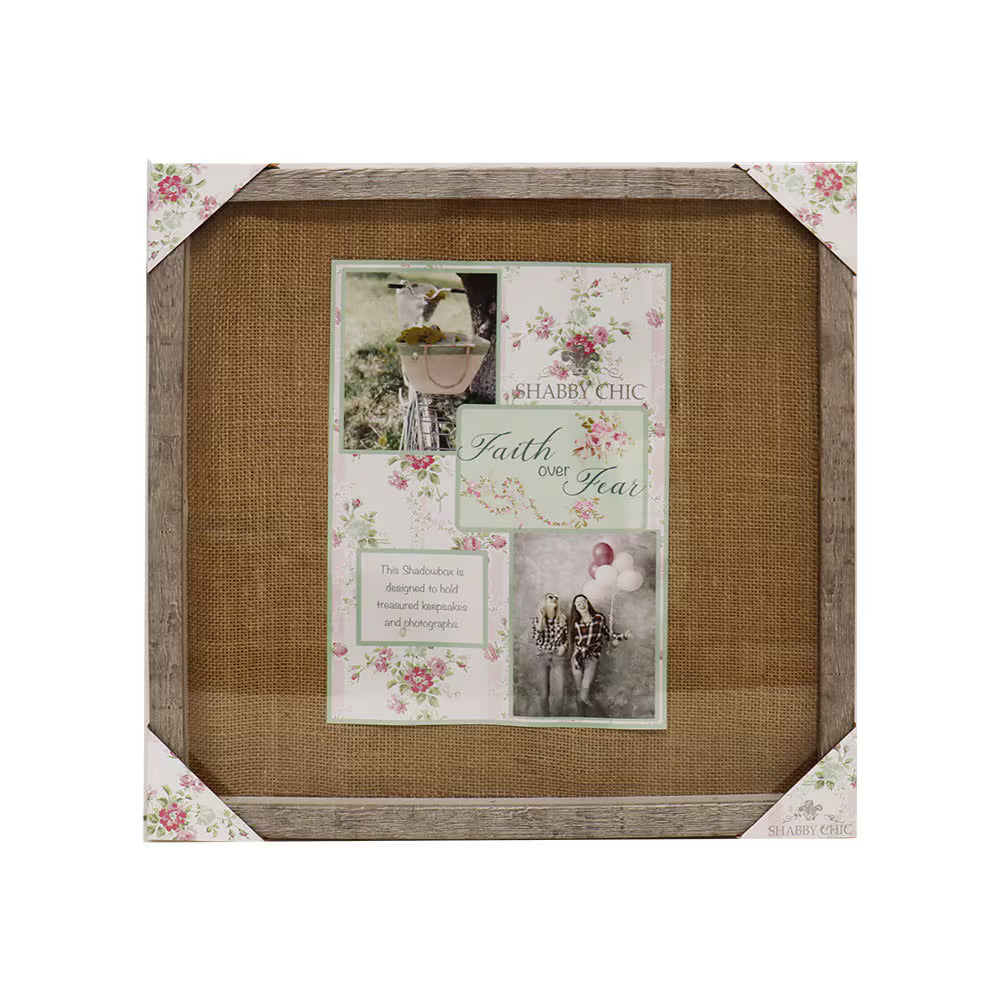 Shadowbox Frame Grey MDF, Glass, Burlap, Overall Size 16"x16"x1.15"H