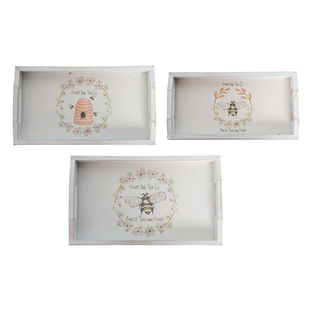 Set of 3 Honey Bee Serving Trays 13"x7", 14.5"x8.25", 15.75"x9.5"x1.5"H