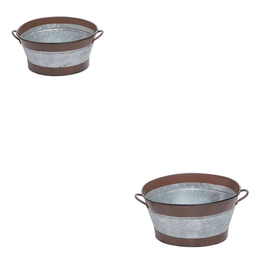 SET/2 Metal Rustic Oval Containers w/Handles 8"x6.3"x3.75"H, 9.5"x8.35"x4.7"H