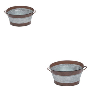 SET/2 Metal Rustic Oval Containers w/Handles 8"x6.3"x3.75"H, 9.5"x8.35"x4.7"H