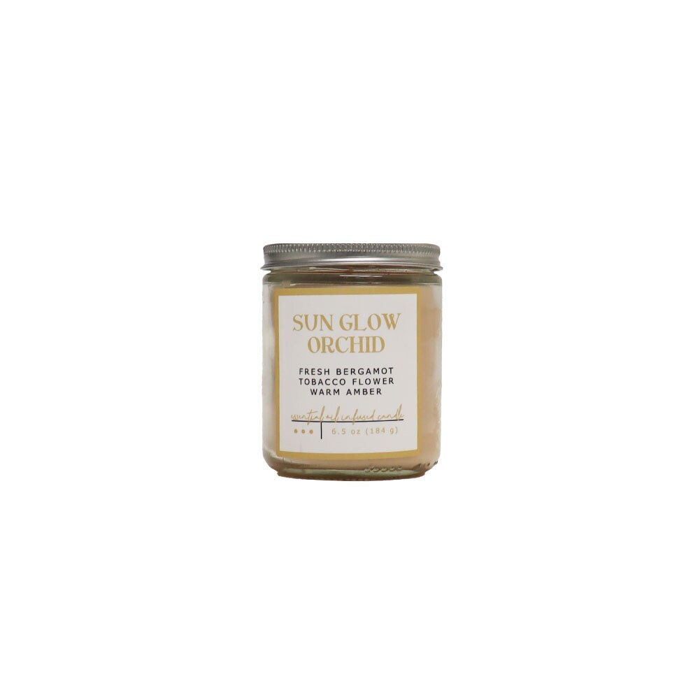 Jar Candle Sun Glow Orchid Fresh Bergamot Tobacco Flower, Warm Amber w/Lid 6.5oz