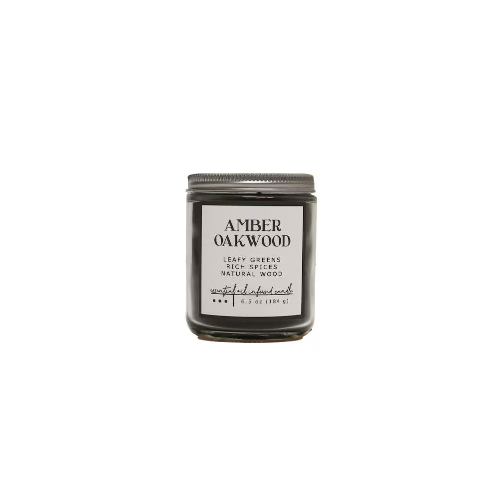 Jar Candle Amber Oakwood Leafy Greens, Rich Spices, Natural Wood w/Lid 6.5oz
