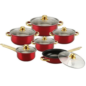 12pc Red Cookware Set, SS Pots, Non Stick Pan, 9.8", 8.6", 8", 7", 6.5", 9.8" Diameters