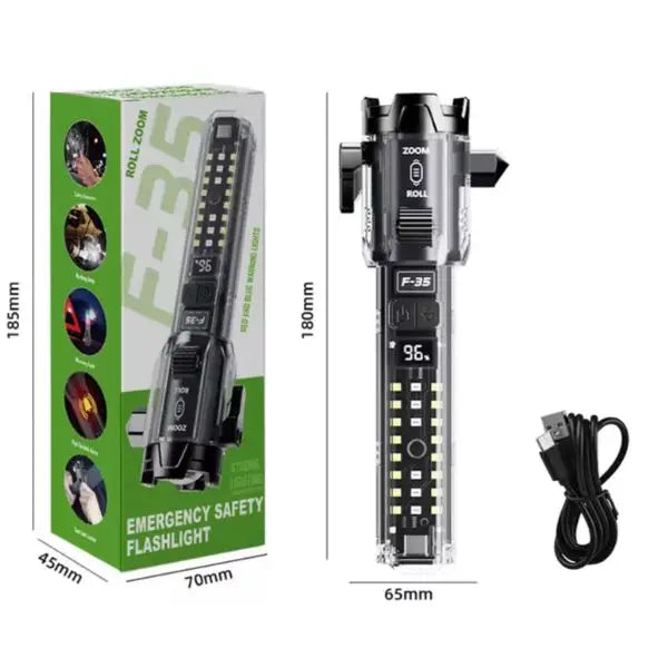 About this product  Emergency Auto Safety Combo 7" Flashlight - #F-35 - LED, Strobe, Flashing, Belt Cutter, Glass Break - Rolling Zoom - USB Re-Chargeable