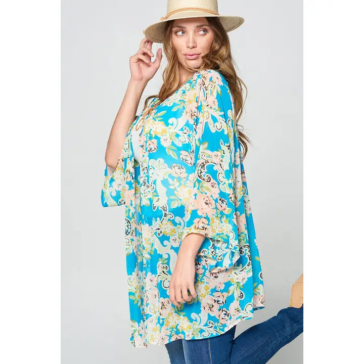 Plus Size Hi-Multi Floral Spring Kimono-Turquoise