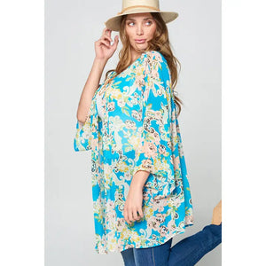 Plus Size Hi-Multi Floral Spring Kimono-Turquoise