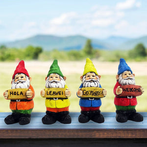 Colorful Gnome Statue with Signage