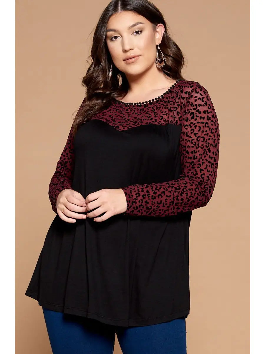 Plus Size Animal Mesh Long Sleeve Top-Wine