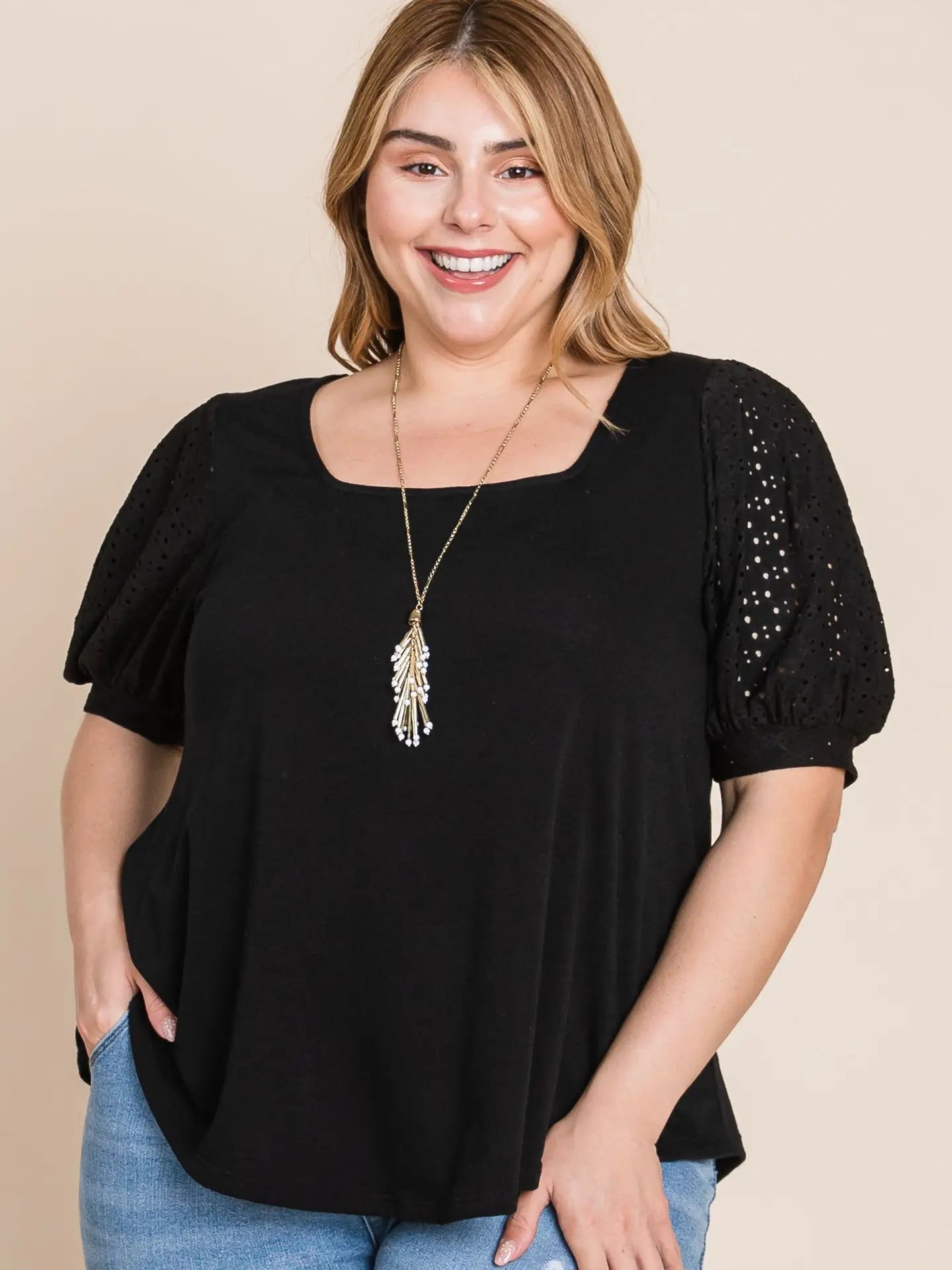 Plus Size Eyelet Bubble Sleeves Solid Knit Top-Black-Size 1X