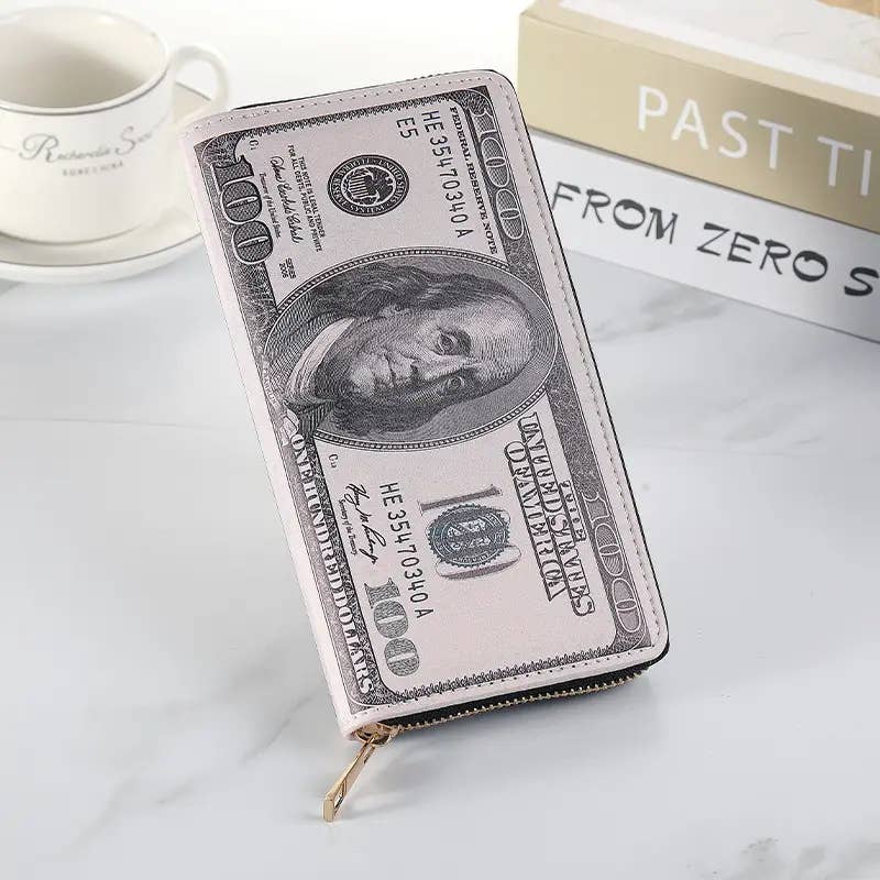 $100 Bill Zipper Wallet – Fun Pu Leather Organizer Gift