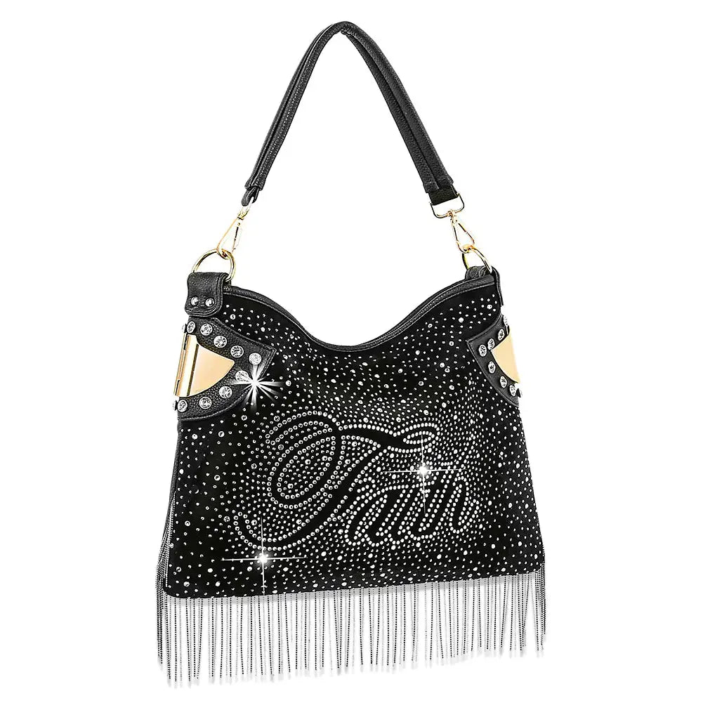 Rhinestone and Beaded Fringe Faith Hobo Handbag - Black
