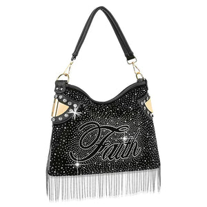 Rhinestone and Beaded Fringe Faith Hobo Handbag - Black