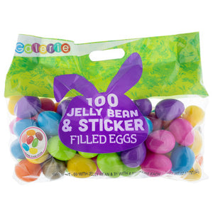Bulk Plastic Candy Filled Easter Eggs with Jelly Beans and Stickers, Basket Stuffers, Assorted Bag of 100 Eggs (Best By: 9/30/26)
