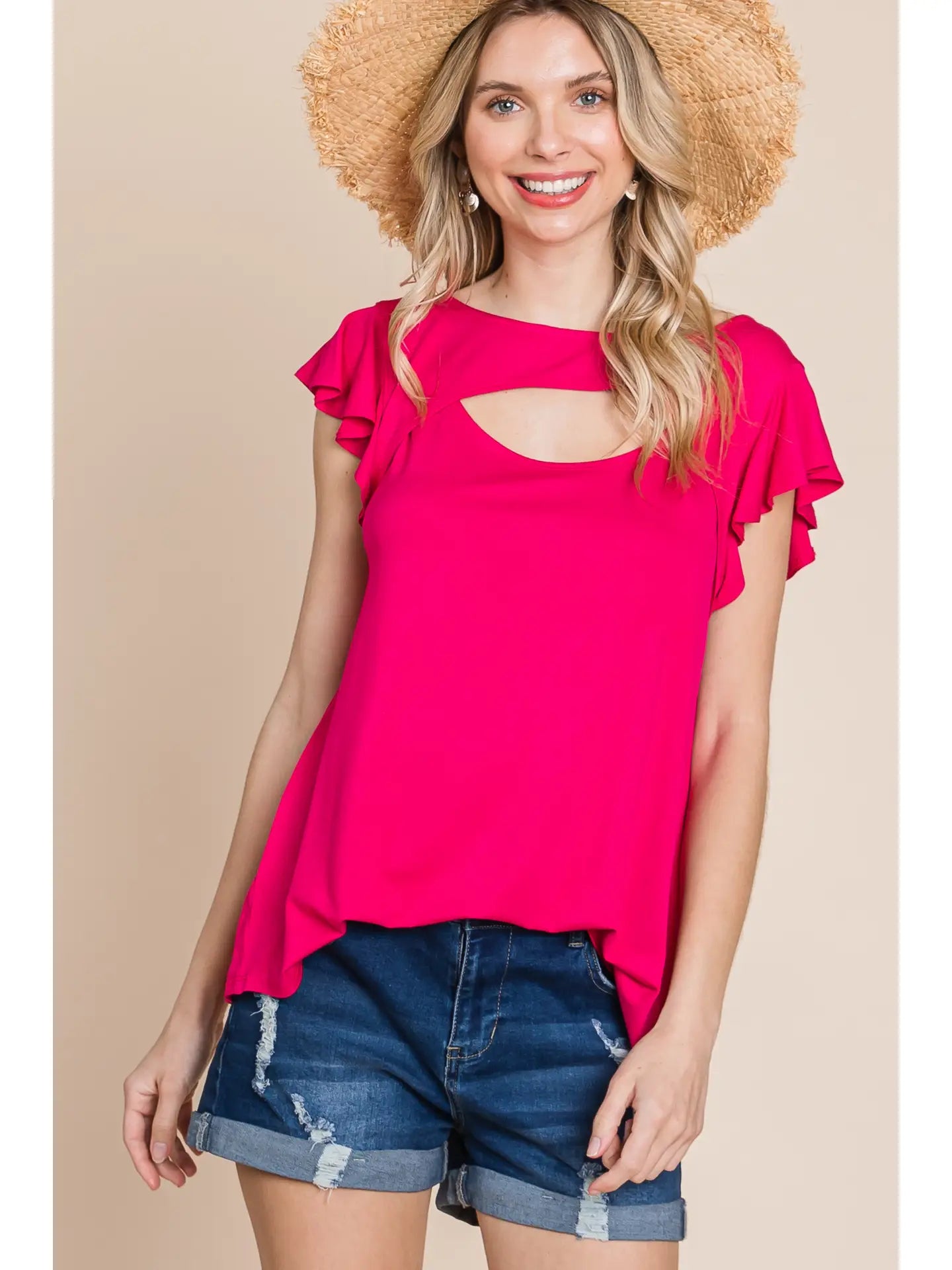 Plus Size Solid Jersey Cut Out Bell Sleeves Top-Hot Pink