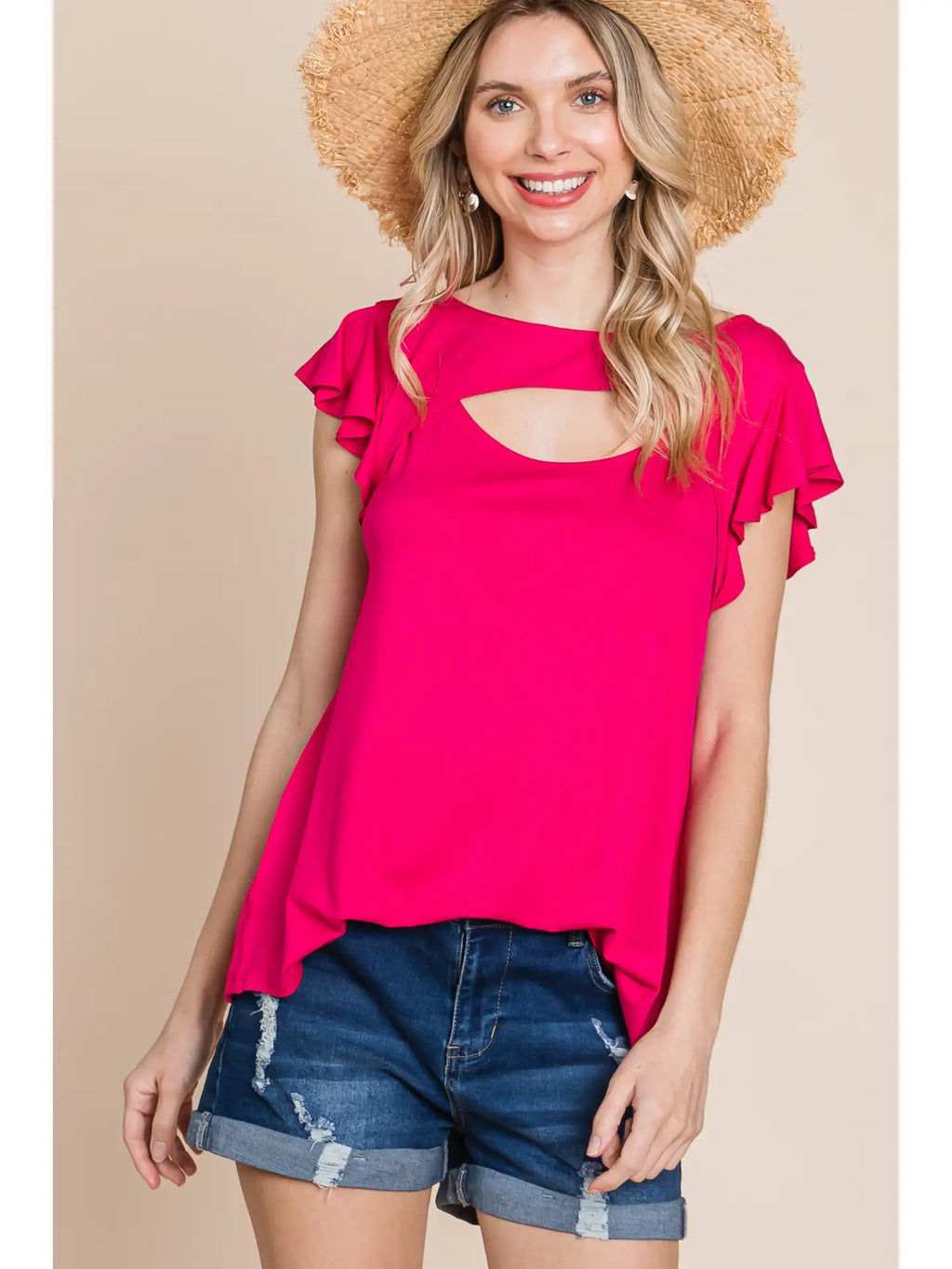 Plus Size Solid Jersey Cut Out Bell Sleeves Top-Hot Pink