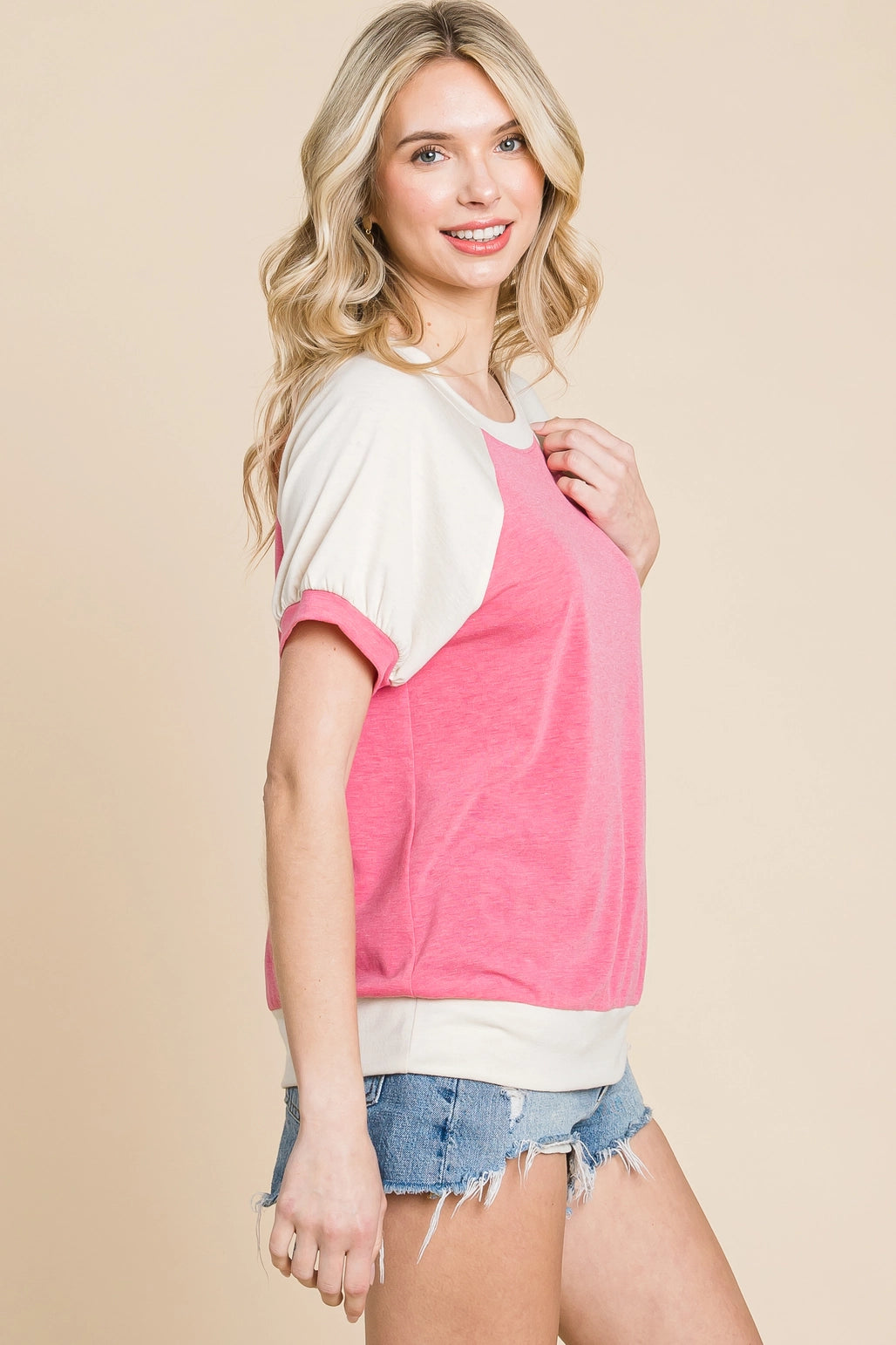 Plus Size T/R Span Casual Color Block-Coral
