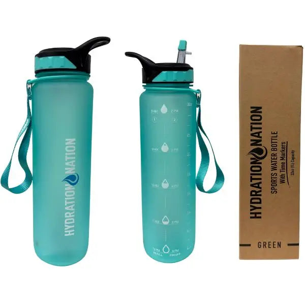 Hydration Nation - GREEN - 32OZ Premium Water Bottle - Flip Top Lid And Nylon Wristlet