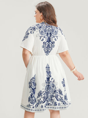 Bandana Blue / White Print Ruffle Sleeve V Neck Pocket Knee Dress