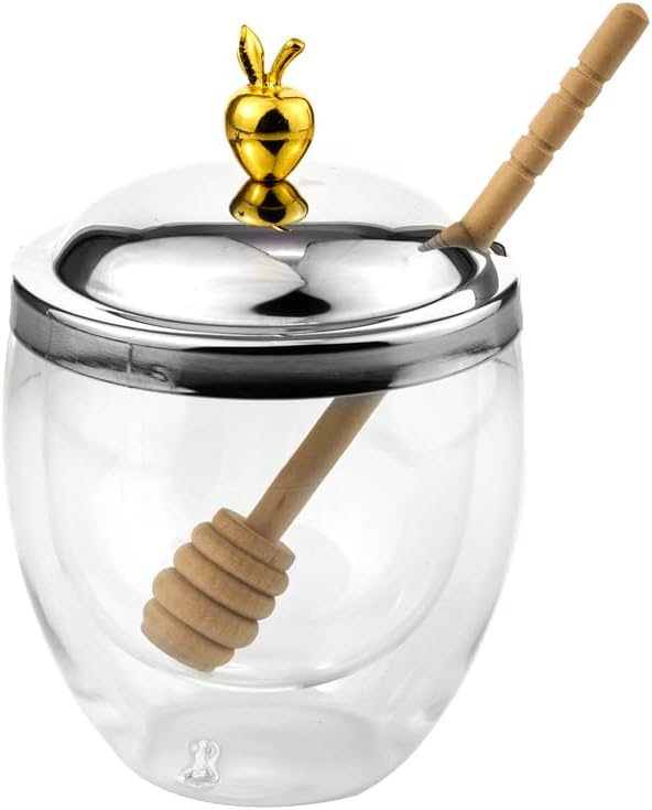 Honey Jar, Honey Dish with Dipper, Double Walled Glass Bee Honey Jar (Apple)
