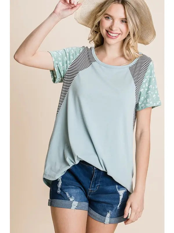 Plus Size Floral Striped Sleeves Casual Top-Sage