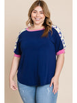 Plus Size Animal Print Bubble Sleeves Top-Navy Blue