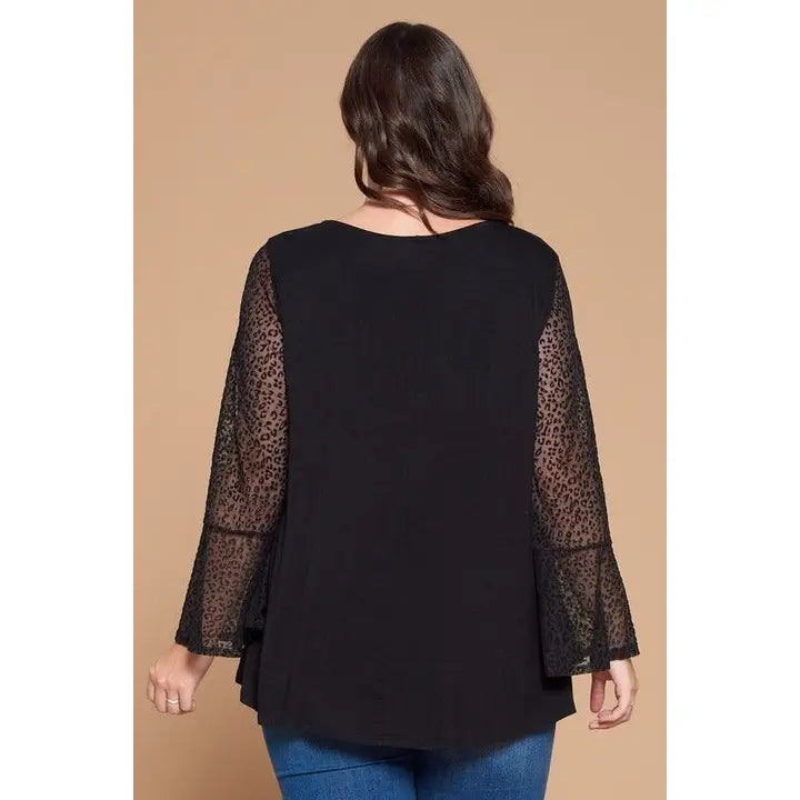 Plus Size Animal Mesh Bell Sleeves Top-Black