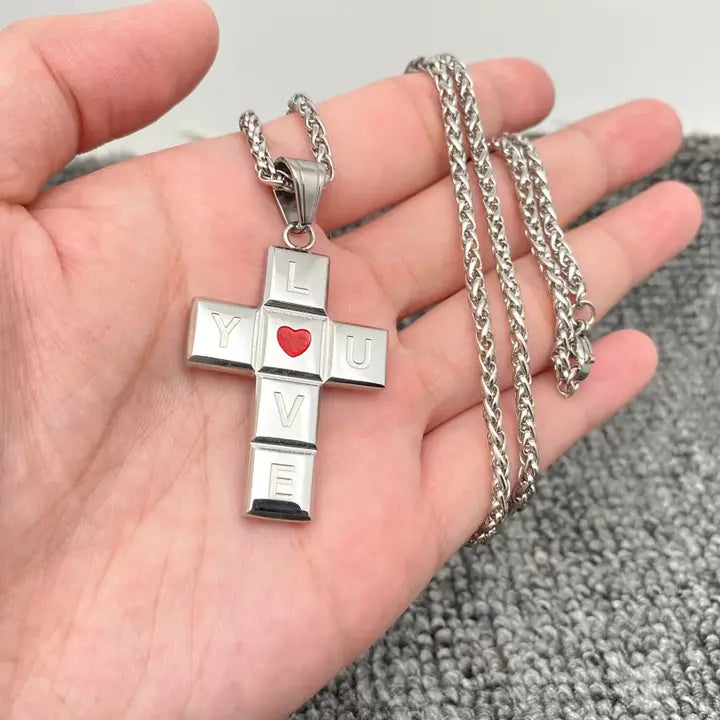 I Love You Heart Stainless Steel Cross Necklace-Silver