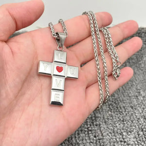 I Love You Heart Stainless Steel Cross Necklace-Silver