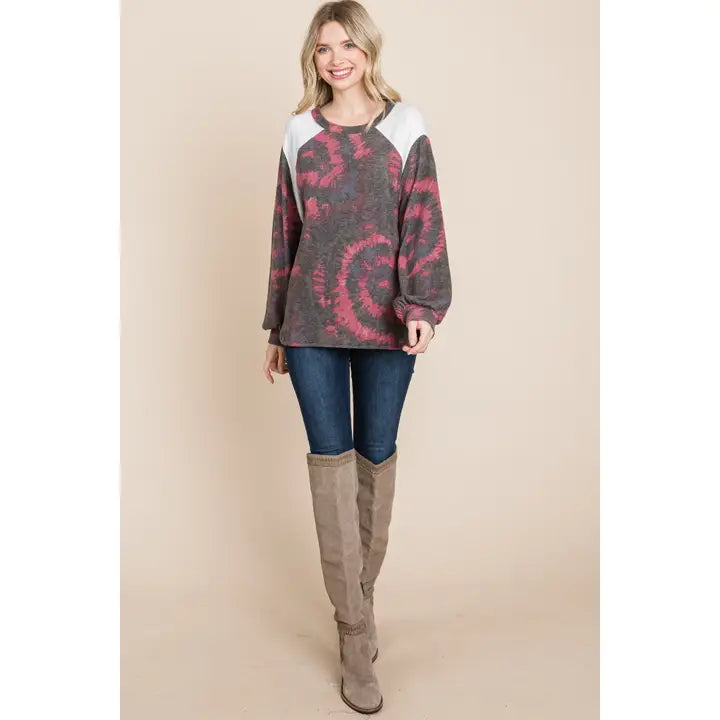 Cashmere Tie Dye Balloon Sleeves Top- Charcoal/Burgundy-Size Small