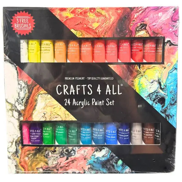24PC Acrylic Paint Set With 3 Brushes Included - 24 .04 FL OZ Colored Tubes