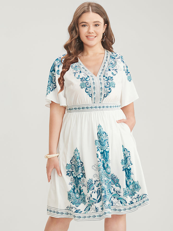 Bandana Teal / White Print Ruffle Sleeve V Neck Pocket Knee Dress
