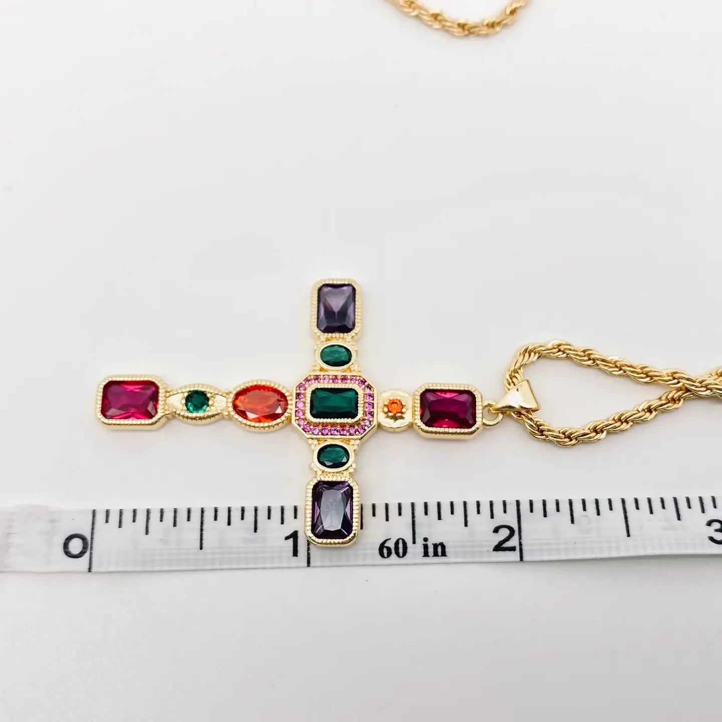 Colored Cubic Zirconia Cross 18KGold Plated Pendant Necklace