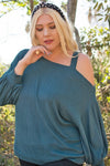 Plus Size Solid Hacci Brush Cold Shoulder Top-Hunter Green