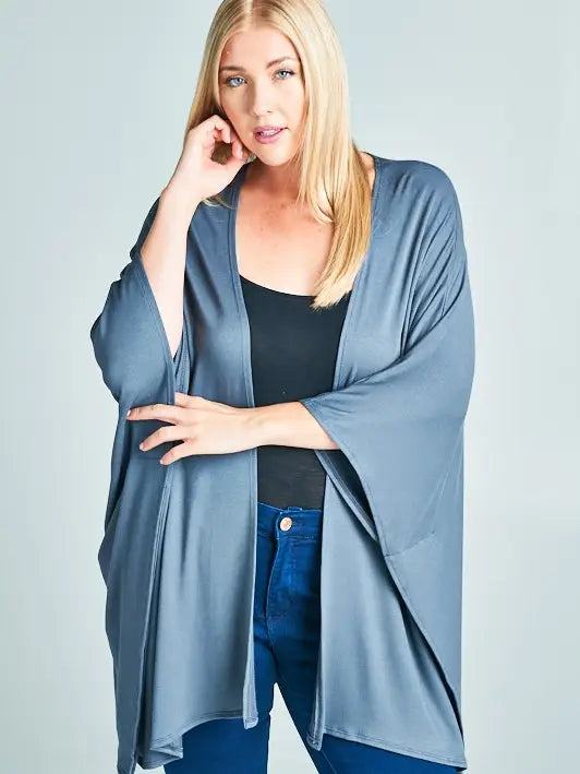 Plus Size Solid French Terry Oversize Cardigan- Silver Grey