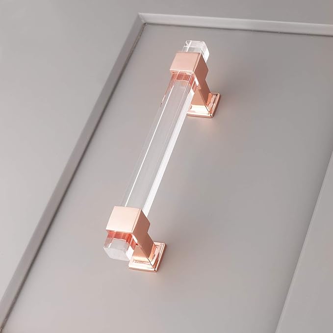 knobelite 15 Pack 4 Inch Hole Center Kitchen Cabinet Handles, Rose Gold Drawer Pulls with Square Acrylic Tube and Zinc Alloy Base, Cabinet Pulls for Bedroom and Bathroom Cabinets