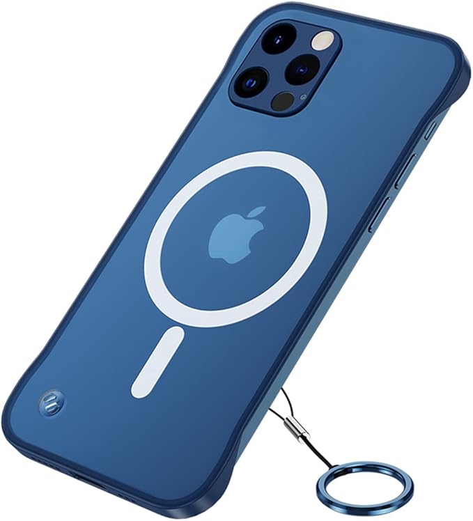 Ultra-Thin Frameless Magnetic Case for iPhone 14 pro max, Blue Matte Case with Shockproof Corner& Finger Loop String