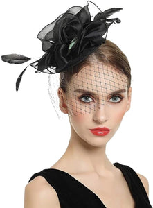 SHUERIET Feather Netting Fascinator for Tea Parties Hat Church Events Derby Hats Horse Racing Festival Dressy Hats for Women (Black)