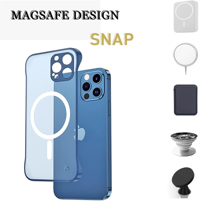 Ultra-Thin Frameless Magnetic Case for iPhone 14 pro max, Blue Matte Case with Shockproof Corner& Finger Loop String