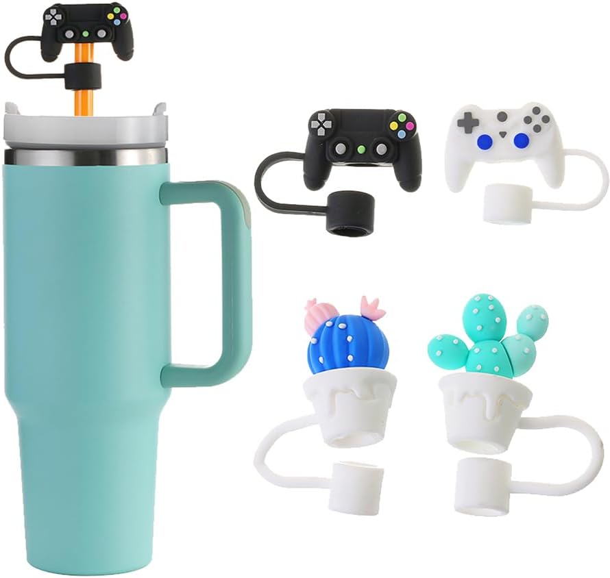 4 Pcs Stanley Straw Cover, 0.4 In/10mm Cute Cartoon Dust Proof Stanley Straw Topper Compatible with 30&40 Oz Stanley Cups (Plants and Games)