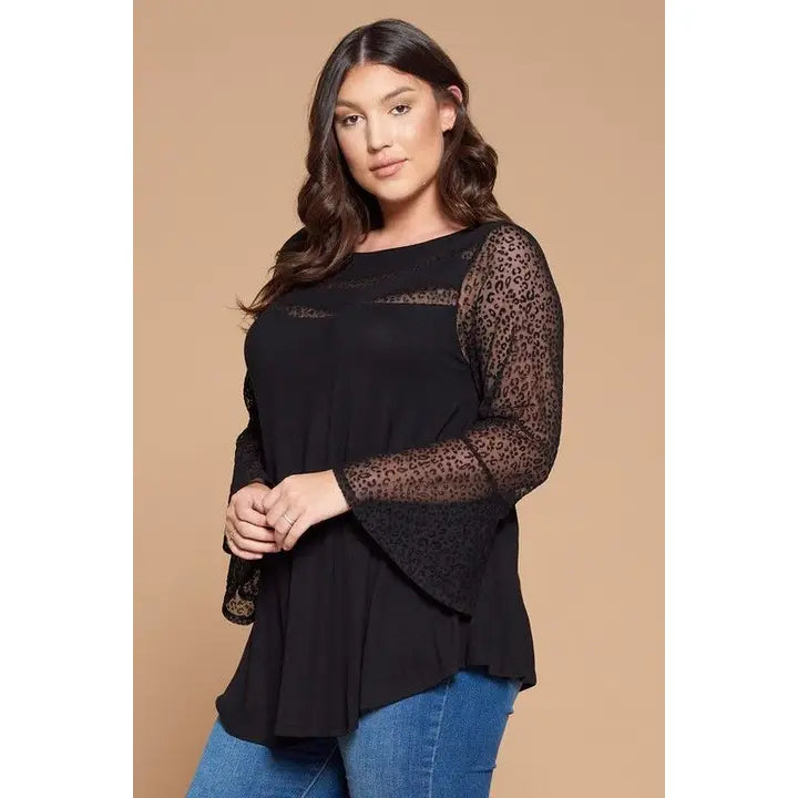 Plus Size Animal Mesh Bell Sleeves Top-Black
