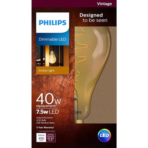 Philips 40Watt Equivalent A50 Dimmable Vintage Glass Edison LED Large Bulb 2000k