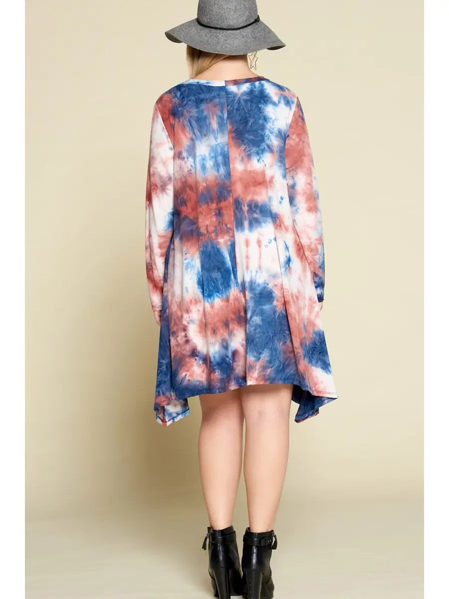 Plus Size Tie Dye Wash Out Fishtail Hem Dress-Blue/Rust