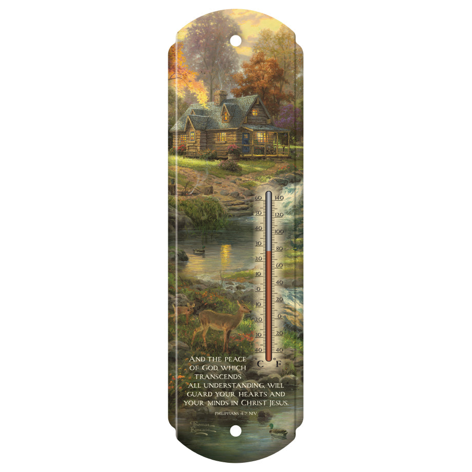 OURDOOR METAL THERMOMETER-THOMAS KINKADE "MOUNTAIN RETREAT"