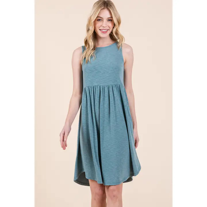 Plus Size Solid Babydoll Sleeveless Knee Dress-Teal